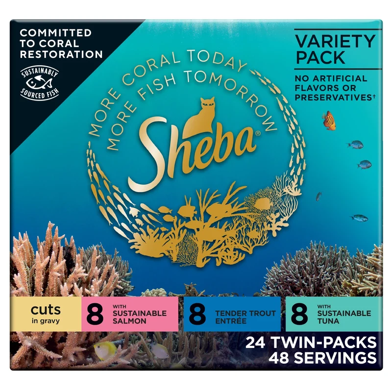 Sheba Perfect Portions – Morceaux en sauce pour chats, saumon durable, truite tendre et thon durable, 2x24 portions (48 portions)