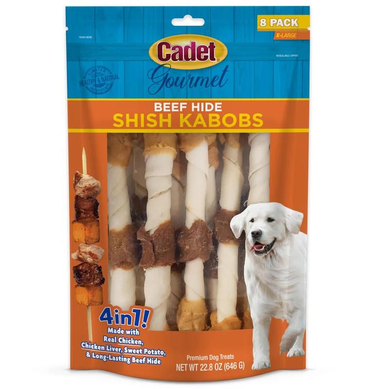 Cadet Gourmet Bâtons Shish Kabob pour Chiens Grands – Friandises Rawhide au Poulet et Patate Douce, Peau de Boeuf Naturelle, Bâtons de 25 cm (8 pièces)