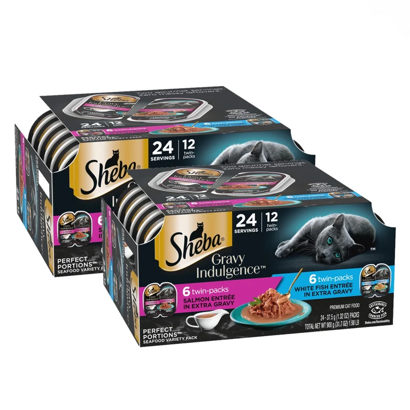 Sheba Gravy Indulgence – Entrees Saumon et Poisson Blanc avec Sauce au Jus, 24 portions (2 plateaux jumelés)