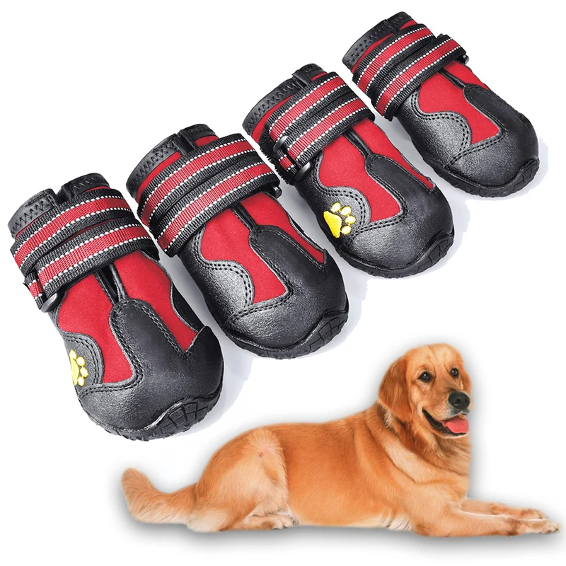 XSY&G Bottes pour chien – Chaussures imperméables, semelles anti-glisse, bandes réfléchissantes – Taille 8 (4 pièces) – Rouge