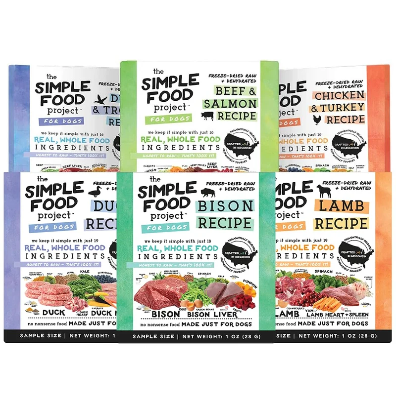 Simple Food Project – Topper cru lyophilisé pour chiens : Pack Découverte 6 saveurs (1 oz chacun)
