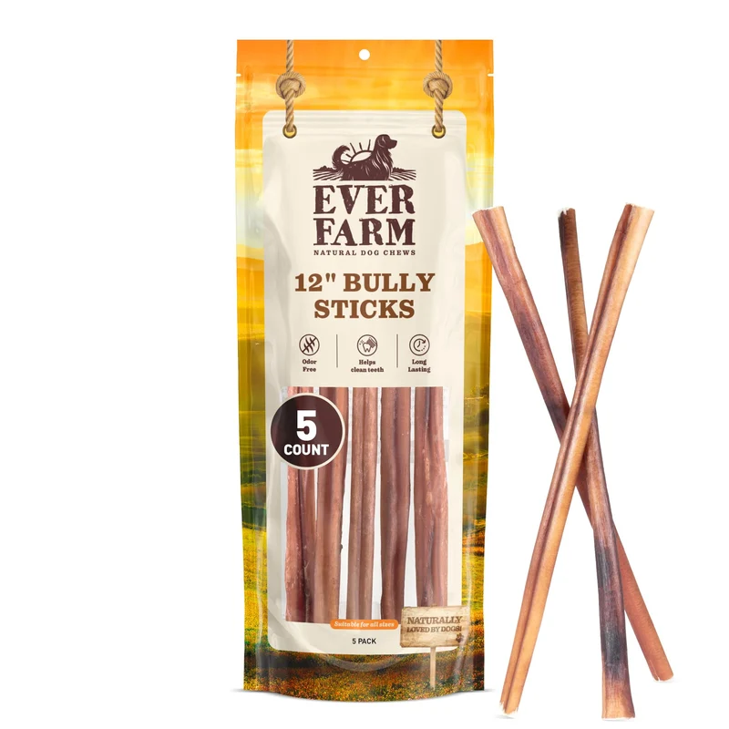 EVER FARM Bâtonnets Bully Sans Odeur 12 Pouces – Lot de 5, Pizzle de Boeuf nourri à l’herbe, Digestibles & Longue Durée