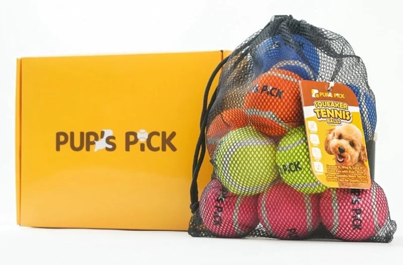 Pup's Pick Balles Tennis Siffleuses 2,5 pouces — Lot de 12, Couleurs Vives + Sac