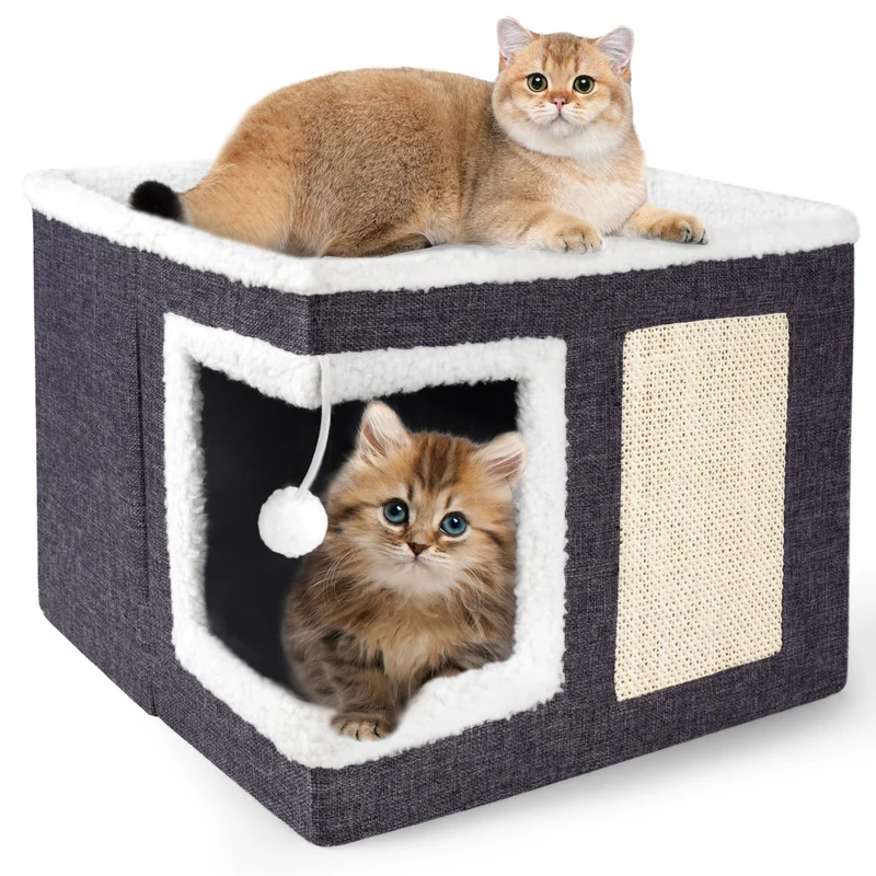 Loyareal Cabane pour chat intérieur – Grand lit-cabane avec griffoir et balle pelucheuse – Gris foncé