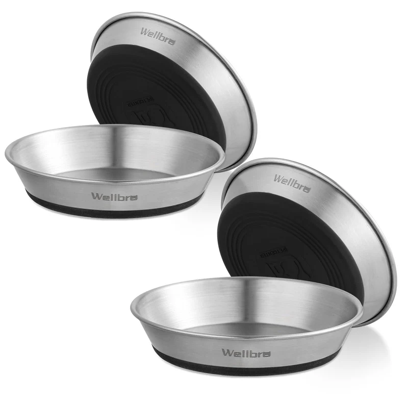Wellbro – Gamelles pour chat et petits animaux en acier inoxydable (4 pièces), alimentation et eau, peu profondes et anti-dérapantes