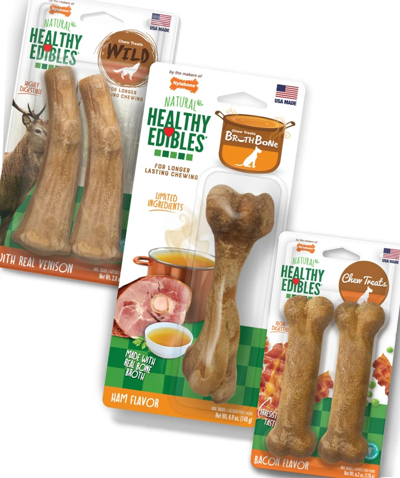 Nylabone Healthy Edibles - Friandises Naturelles pour Chiens Moyens - Os Longue Durée (Jambon, Bacon et Venaison)