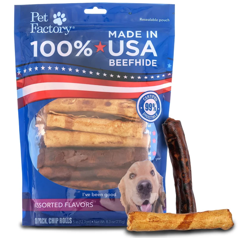 Pet Factory – Rouleaux peau de bœuf 5 pouces, 100% USA, bœuf & poulet, 20 pièces