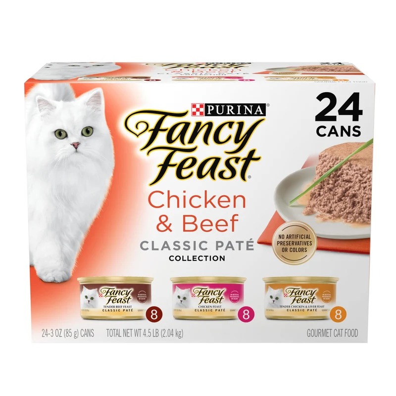 Purina Fancy Feast Pâté Classique Sans Céréales – Poulet et Boeuf – Pack 24 boîtes 3 oz (Pull-Tab) | Fancy Feast