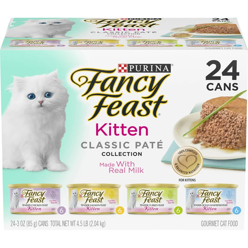 Fancy Feast Tender – Variété humide pour chatons : poisson blanc océan, dinde, poulet et saumon – lot de 24 boîtes de 85 g
