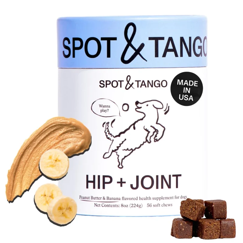 Spot & Tango Hip + Joint pour Chiens – Approuvé par Vétérinaires – Mobilité et Soutien des Articulations – Saveur beurre de cacahuète et banane – 56 bouchées