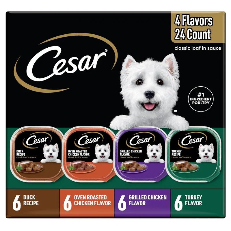 Cesar Variete Pack Nourriture humide pour chien - Canard, Poulet et Dinde, Terrine en Sauce, 24 portions