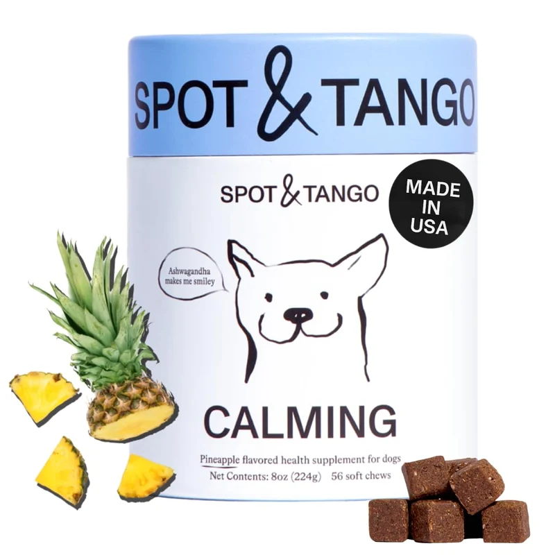 Spot & Tango Calming Supplements pour Chiens – Vet-Approved, Anxiété et Stress – L-Theanine, Passiflore, Ashwagandha, Camomille – Saveur Ananas – 56 Bouchées