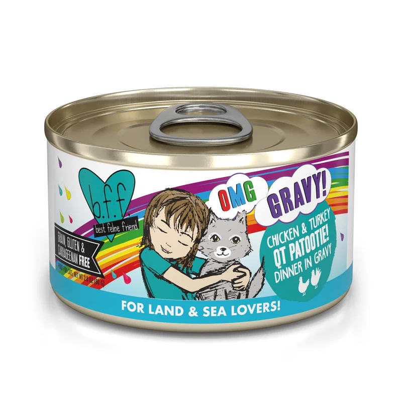 Weruva B.F.F. OMG — Meilleur ami félin, sauce généreuse sans céréales pour chat – QT Patootie! Poulet et Dinde, boîtes de 2,8 oz (Pack de 12)