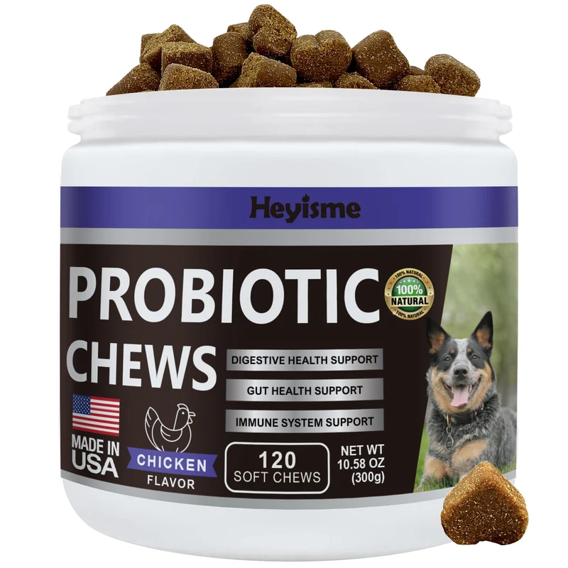 HEYISME Probiotiques pour chiens – Équilibre intestinal, peau et immunité (120 bouchées au poulet)