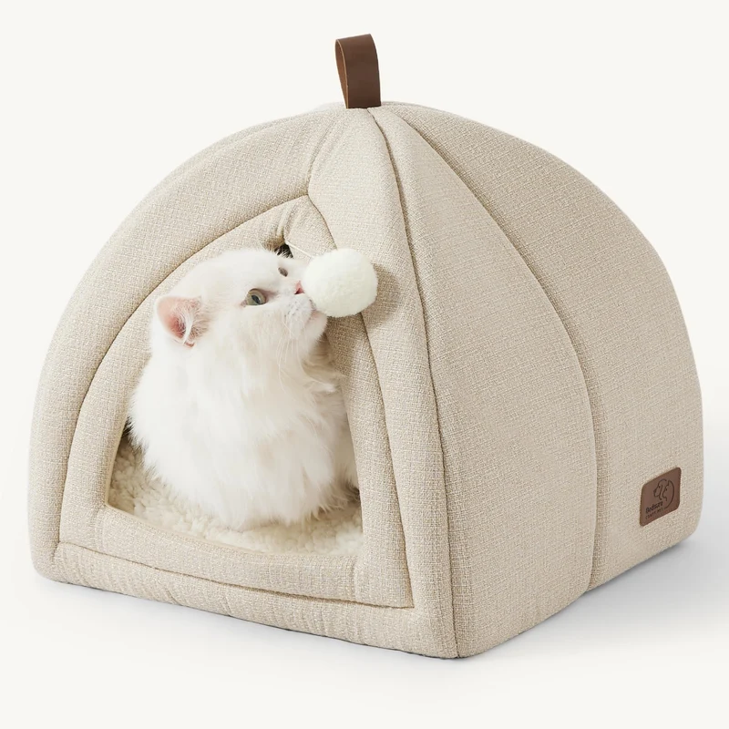 Bedsure Tente-Caverne pour Chat 2 en 1 – Nid Douillet et Coussin Lavable, Beige, 16 pouces