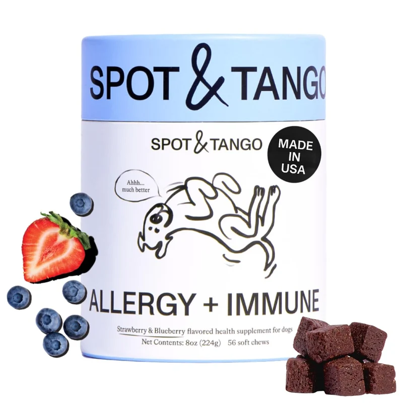 Spot & Tango Allergy + Immunité pour Chiens – Approuvé par les vétérinaires, Huile de saumon sauvage d’Alaska, Oméga, Onagre, Biotine – Saveur Fraise & Myrtille, 56 bouchées