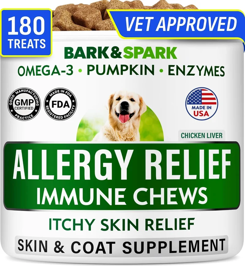 BARK&SPARK Friandises molles allergie chien – peau saine et démangeaisons, Oméga-3, Quercétine & Bromélaïne – Foie de poulet 180 ct