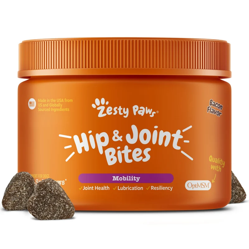 Zesty Paws Hip et Joint pour Chiens – Glucosamine, Chondroïtine, MSM, Vitamines C & E – Saveur Bacon – 50 Friandises
