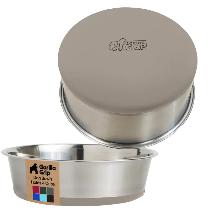 GORILLA GRIP : Gamelles pour chien et chat en acier inoxydable 304 – Ensemble de 2, capacité 4 tasses (32 oz), base silicone antidérapante, beige, lavables au lave-vaisselle