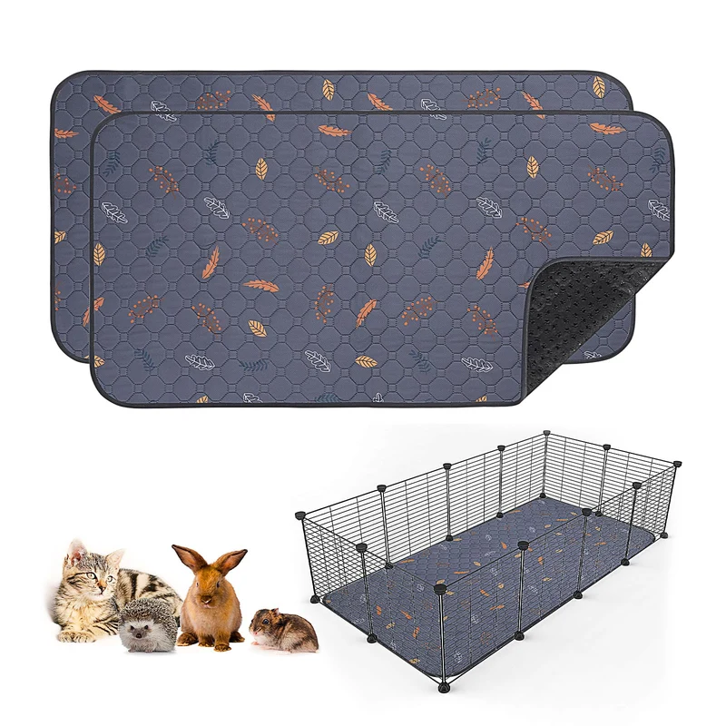 Sunheir Lot de 2 Tapis Lavables pour Cage de Petits Animaux – 24 x 48 po (60 x 122 cm) Gris Feuilles