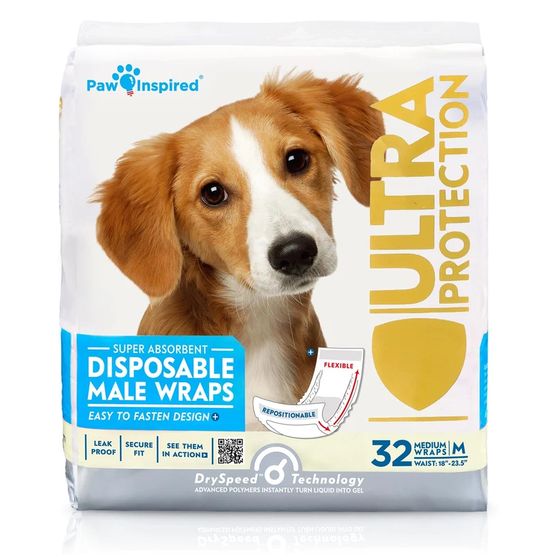 Protège-ventres Paw Inspired pour chiens mâles – Couches jetables (32 pièces, Taille Moyenne)