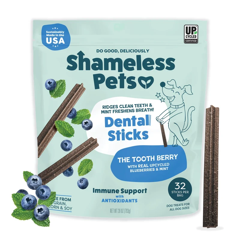 Shameless Pets Bâtonnets Dentaires Bleuet et Menthe pour Chiens — 32 Bâtonnets Sans Céréales