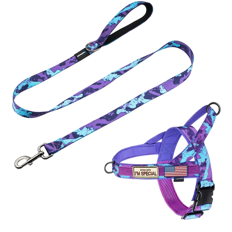 Annchwool Harnais No Pull pour Chien avec Poignée Rembourrée + Laisse 5 ft – Ajustable (Camo Violet, Taille L)