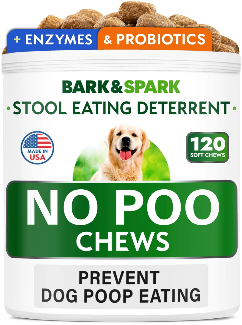 BARK&SPARK No Poo Friandises - Prévention Coprophagie chez le Chien - Probiotiques & Enzymes - Santé Digestive + Haleine Fraîche - 120 Friandises - Fabriqué aux États-Unis - Saveur Bacon
