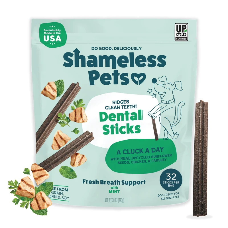 Friandises dentaires Shameless Pets au poulet et à la menthe pour chiens – 32 bâtonnets sans céréales, haleine fraîche
