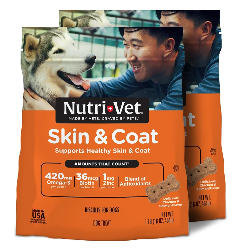 Nutri-Vet Biscuits Peau et Pelage – Complément chien, Oméga-3 et Biotine, Lot 2x16 oz