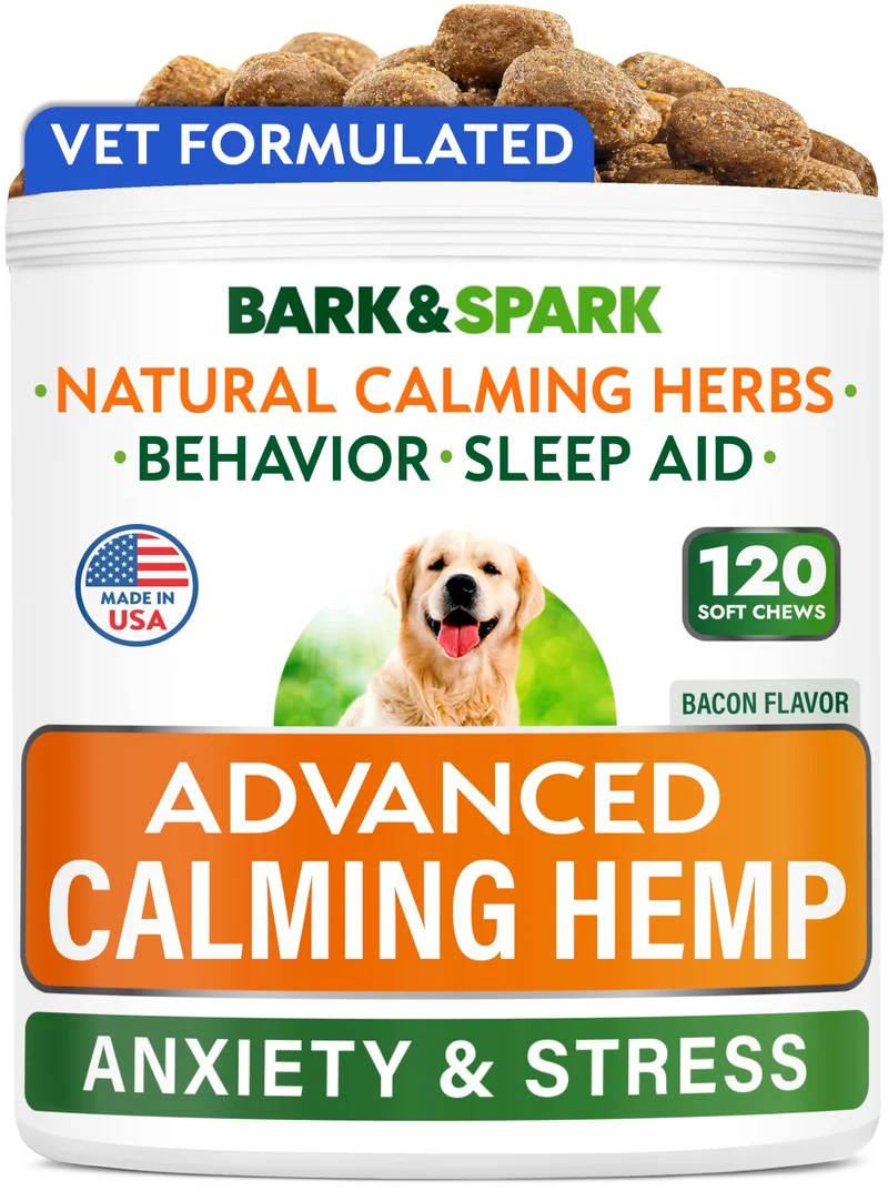 BARK&SPARK Friandises Calmantes Avancées pour Chiens – Mélatonine + Huile de Chanvre – Aide à la Séparation – Réduction du Stress lors des Feux d’Artifice et Orages – Saveur SmokyBacon (120 friandises)