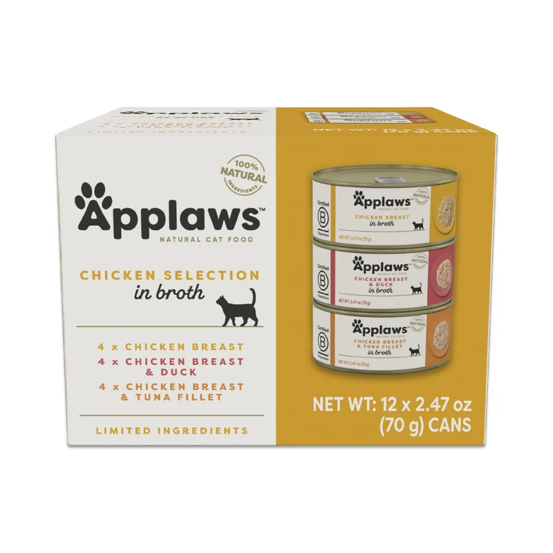 Applaws Chat – Aliment humide en conserve, ingrédients naturels, protéines élevées, sélection poulet en bouillon (12 x 2,47 oz)