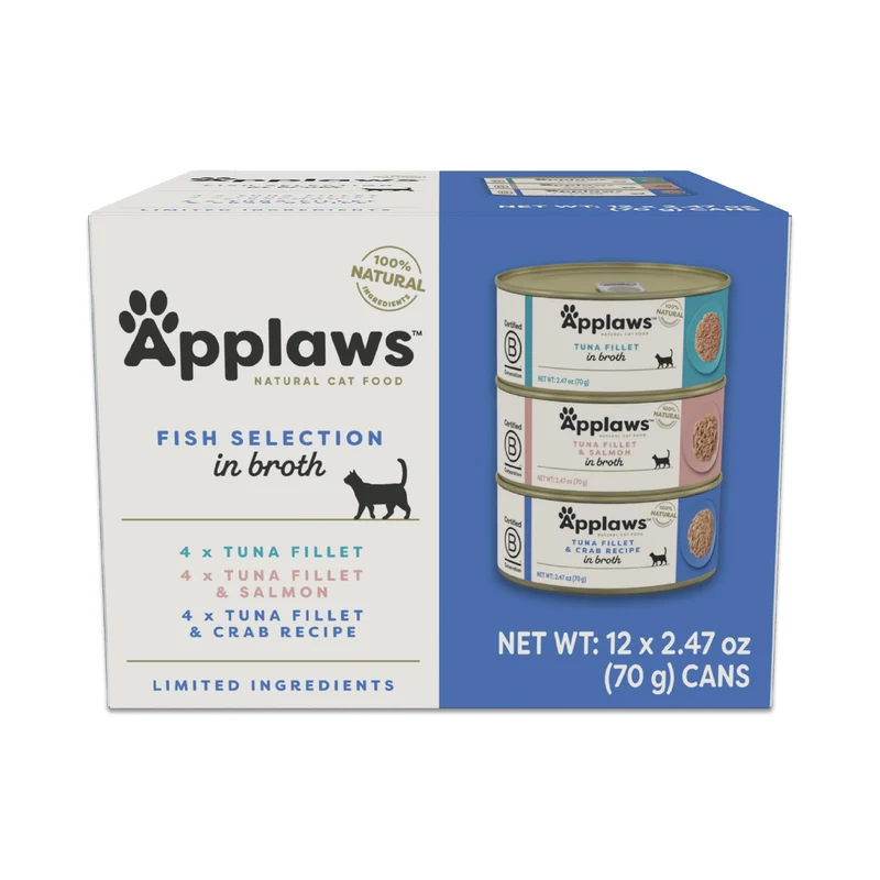 Applaws – Aliment humide pour chat en conserve, ingrédients limités et naturels, protéines élevées – Assortiment poisson en bouillon (12 boîtes 70 g)