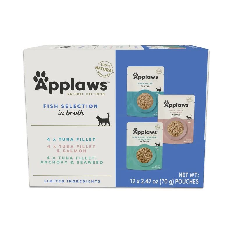 Applaws Nourriture humide naturelle pour chat en mousse – Ingrédients limités, sans céréales, protéines élevées, lot variétés poissons (12 sachets de 70 g)