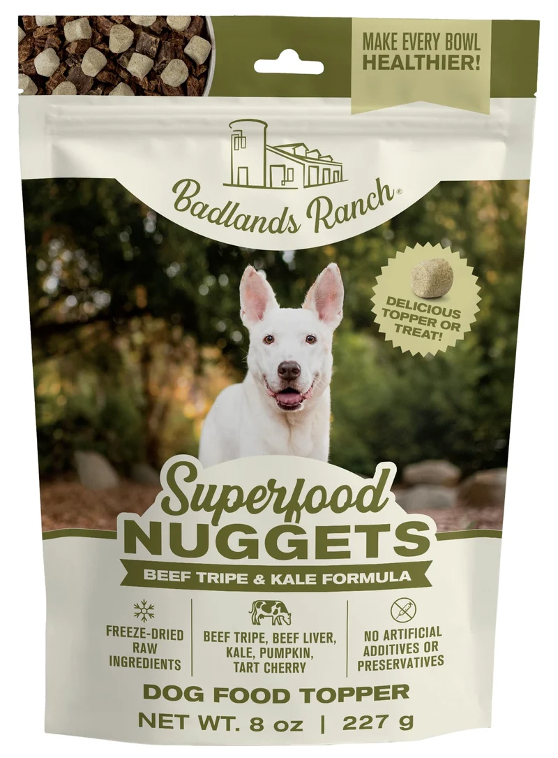 BADLANDS RANCH Superfood Nuggets – Friandises et Topper Cru Lyophilisé (Tripe et Foie de Boeuf + Kale), Protéine Élevée, Sans Additifs, 8 oz (227 g)