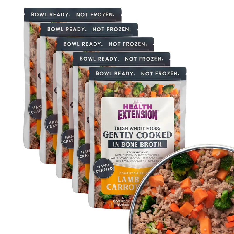 Health Extension Agneau et Carotte Doucement Cuits — Nourriture Chien Qualité Humaine Sans Réfrigération, Lot de 5 Sachets 9 oz