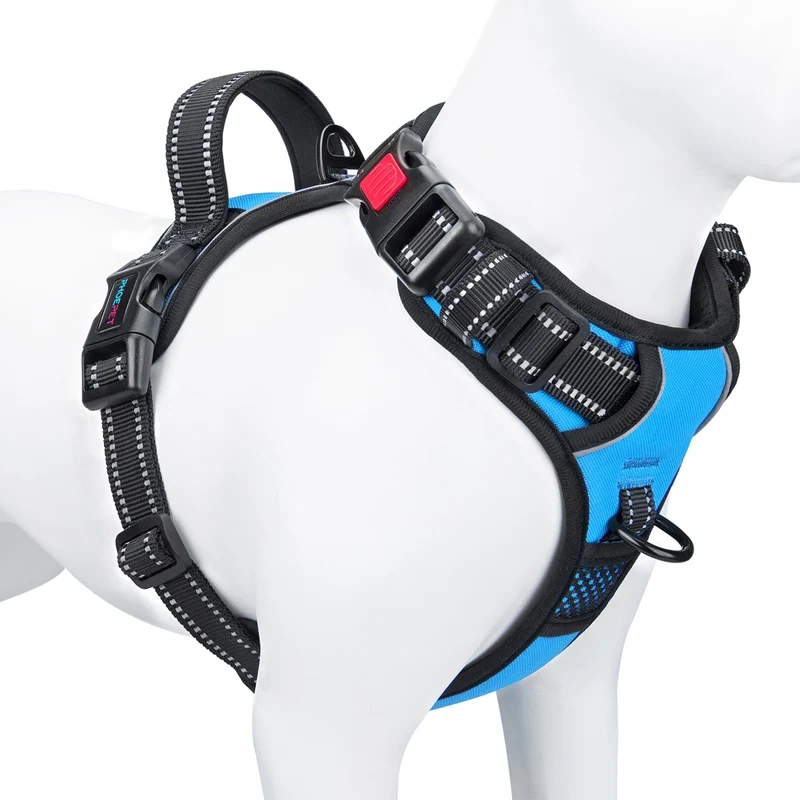 PHOEPET Harnais Anti-Tirage pour Chien – Clip Avant, Poignée, Réfléchissant, 3 Boucles, Taille M, Bleu