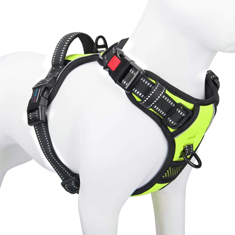 PHOEPET Harnais Chien Grande Race Réfléchissant Réglable Sans Tirage avec Poignée – 2 Anneaux Métalliques, 3 Boucles (Taille L, Vert)