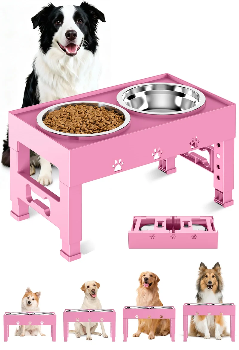 LAKIPETN – Gamelles surélevées pour chiens avec socle réglable à 5 hauteurs et 2 bols inox
