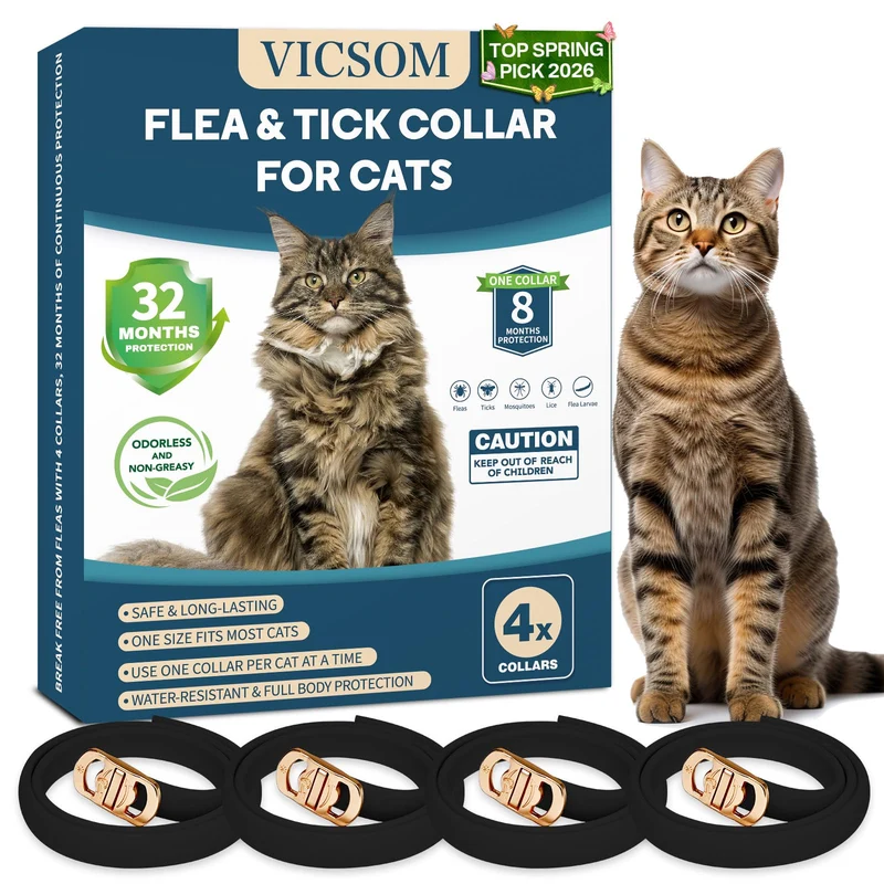 VICSOM 4 Pack Colliers Chat Anti-Puces et Tiques – 32 Mois de Protection, Étanches et Réglables