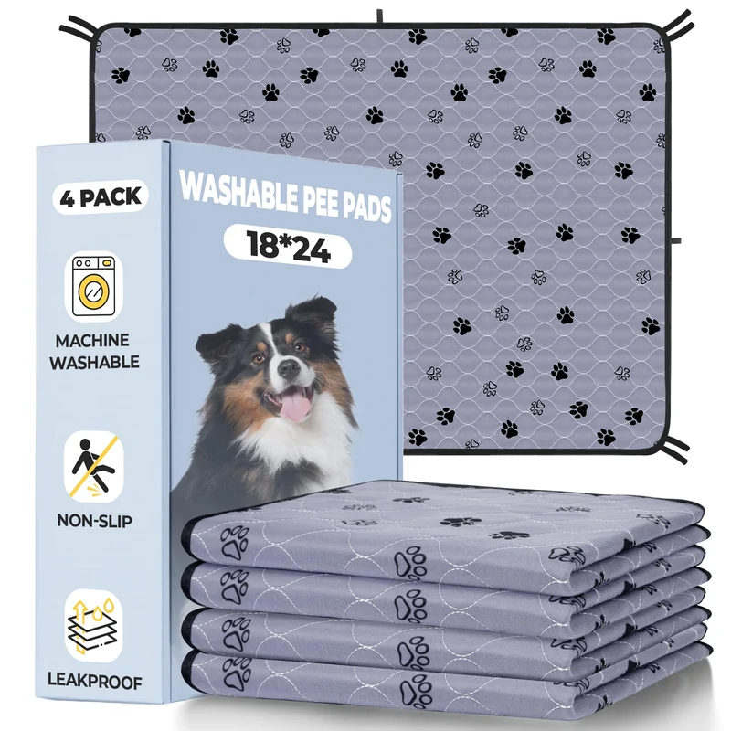 Fostanfly Tapis Lavables pour Chiens 18x24 — Ultra-Absorbants, Anti-Fuite, Non-Slip, Lot de 4 + 8 Lanières