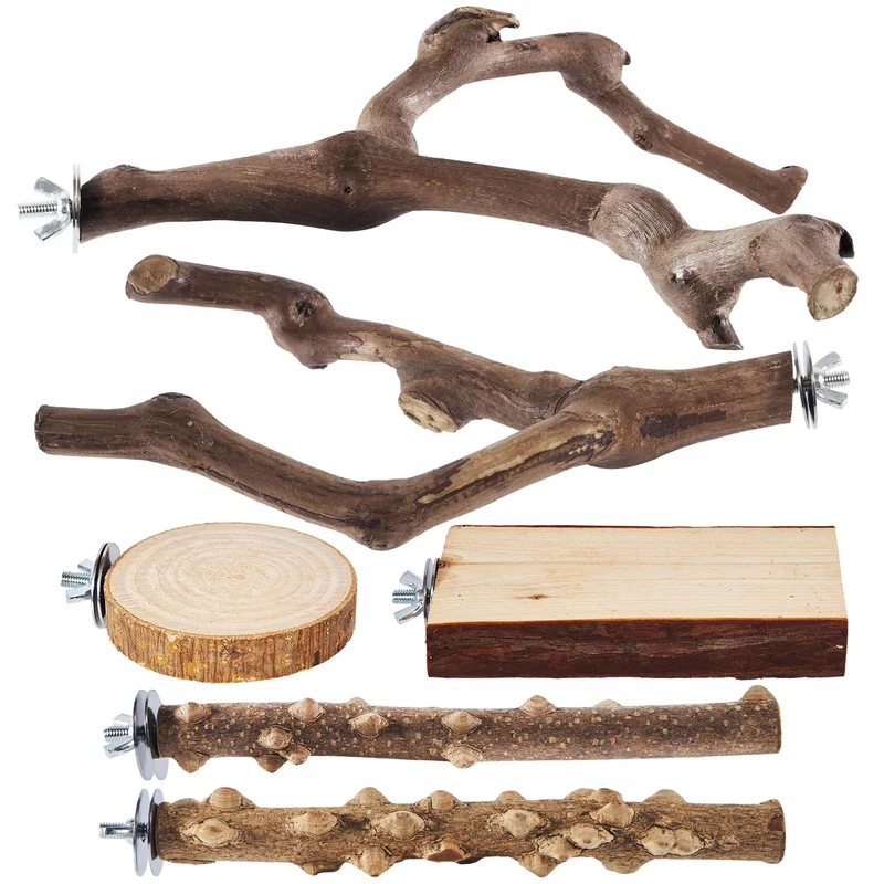 LIMIO: Ensemble de 6 perches pour oiseaux en bois naturel – Bâtons de raisin, fourchettes et supports
