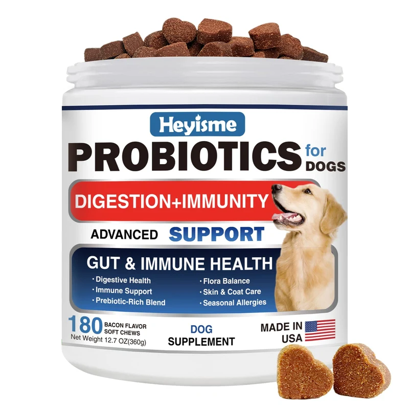 HEYISME Probiotiques pour chiens – Équilibre intestinal, peau et immunité, saveur bacon (180 bouchées)