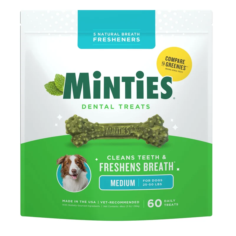 Minties os dentaires pour chiens 25-50 lb — 60 friandises | Nettoyage dents & haleine fraîche | Recommandé par les vétérinaires