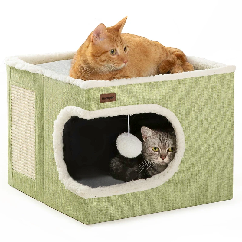 Garnpet Cabane Chat Cube Intérieur – Refuge Vert avec Balle Suspendue, Grattoir et Tente-refuge