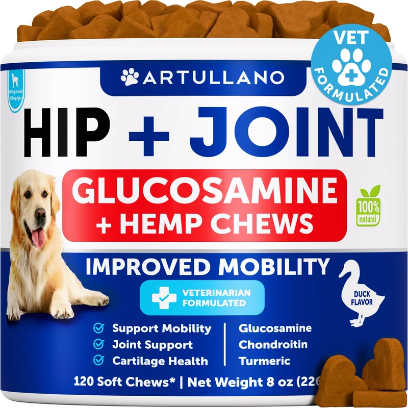 Artullano – Supplément Hanches & Articulations pour Chiens | Glucosamine, Chondroïtine, MSM, Huile de Chanvre | 120 Friandises Souples