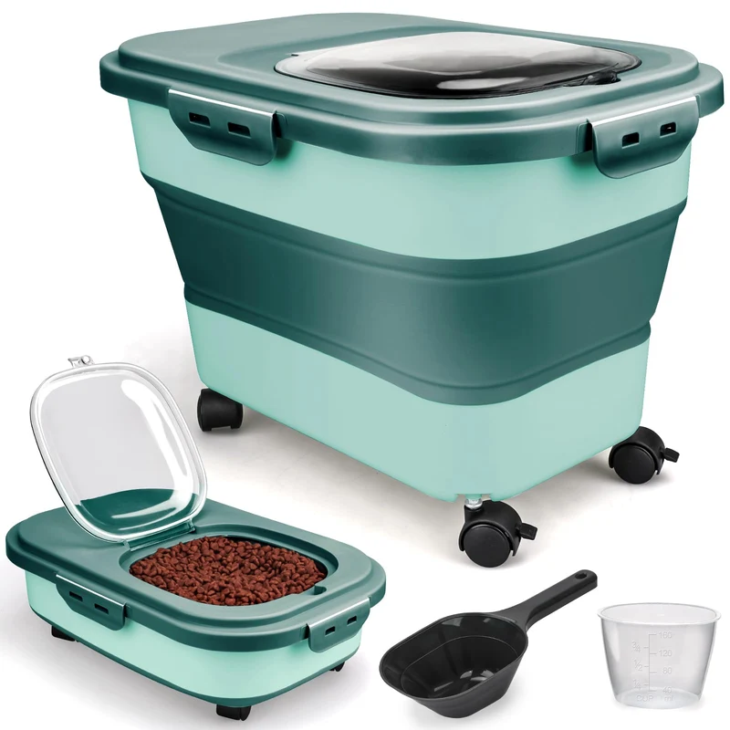 Récipient de rangement Viretec – pliable 10 à 20 livres, roulettes, couvercle hermétique, tasse et pelle, pour croquettes, farine et riz