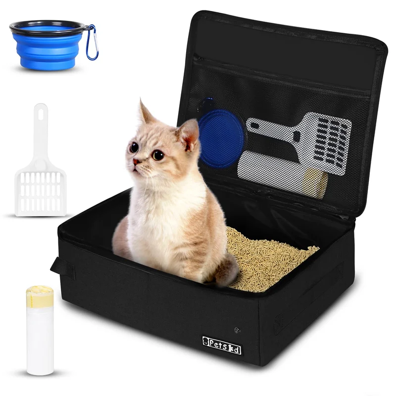 Petskd Litière Portable pour Chat – Boîte de Voyage avec Couvercle et Sachets Jetables (10), Pliable