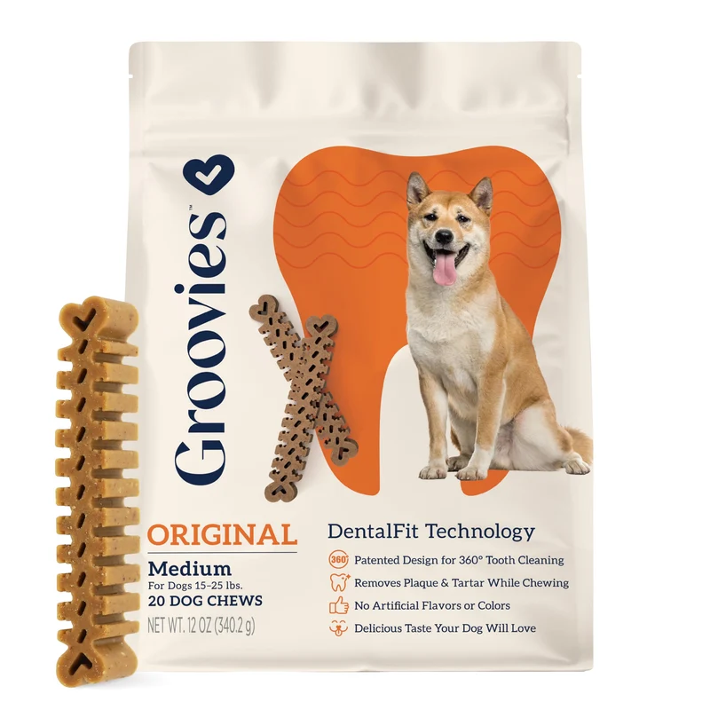 Groovies Friandises dentaires flexibles pour chien moyen (7–11 kg) – DentalFit, fabrication américaine, 20 pièces