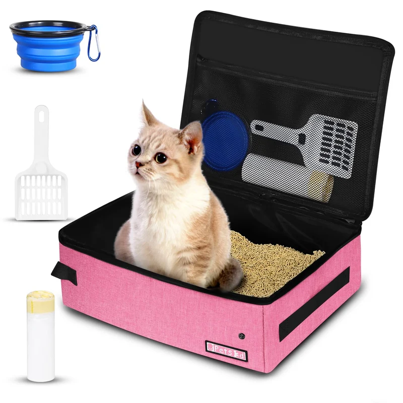 Petskd Litière de voyage pour chat – Boîte pliable avec couvercle et 10 sachets jetables (rose)